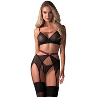 Obsessive 3-teiliges Straps-Set mit Soft-BH, Strapsgürtel und V-String. Aus feinem schwarzem Powernet mit pinkfarbenen Akzenten. Obsessive 3-teiliges Straps-Set mit Soft-BH, Strapsgürtel und V-String. Aus feinem schwarzem Powernet mit pinkfarbenen Akzenten. von Obsessive