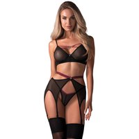 Bondage Look mit Soft-BH, Strapsgürtel und String im Set, Strasselement, Lingerie von Obsessive