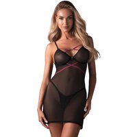 Obsessive Das 2-teilige Dessous-Set besteht aus einem Negligé und einem String. Das Material ist feines schwarzes Powernet mit pinkfarbenen Riemchen-Akzenten. von Obsessive