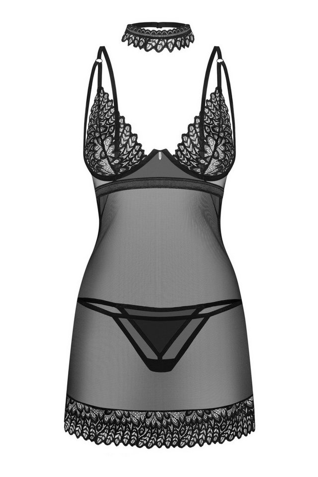 Obsessive Babydollkleid Schwarzes Dessous Set Chemise, Halsband und String aus Netz und Spitze von Obsessive