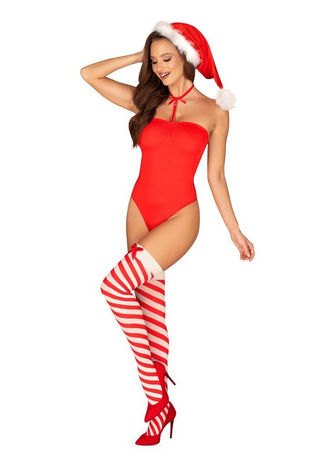 Obsessive Body Weihnachts-Body Set rot-weiß mit Strümpfen und Mütze (Set) von Obsessive