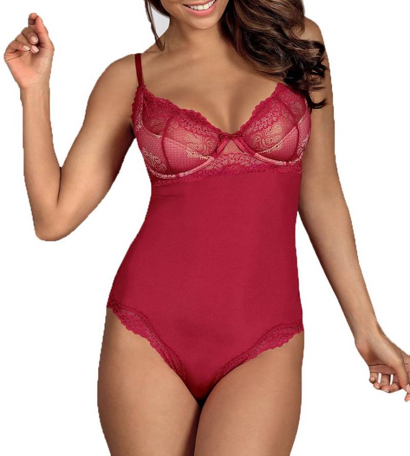 Obsessive Bodystocking-Ouvert Frauen Dessous Teddy Body in Rot mit Schleife aus Stretch und floraler von Obsessive