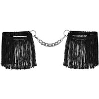 Obsessive Extravagante schwarze Handfesseln im Fransen-Look. Zwei komfortable, passend verstellbare Stretch-Armbänder sind rundherum mit glänzenden weichen Fransen besetzt von Obsessive