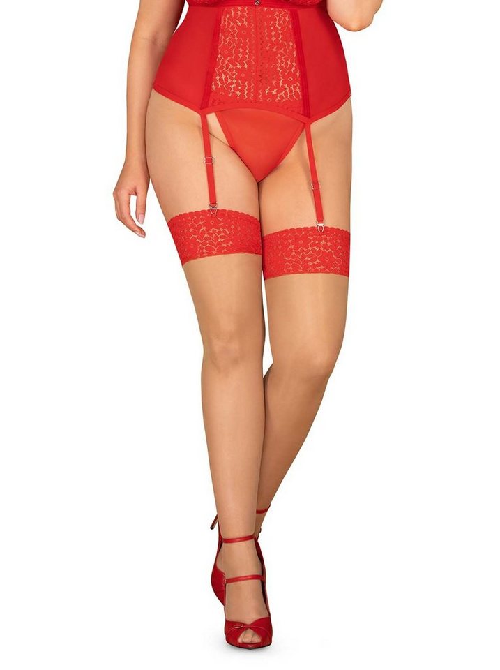 Obsessive Halterlose Strümpfe Strapsstrümpfe Blossmina beige-rot in Übergrößen (1-Paar) von Obsessive