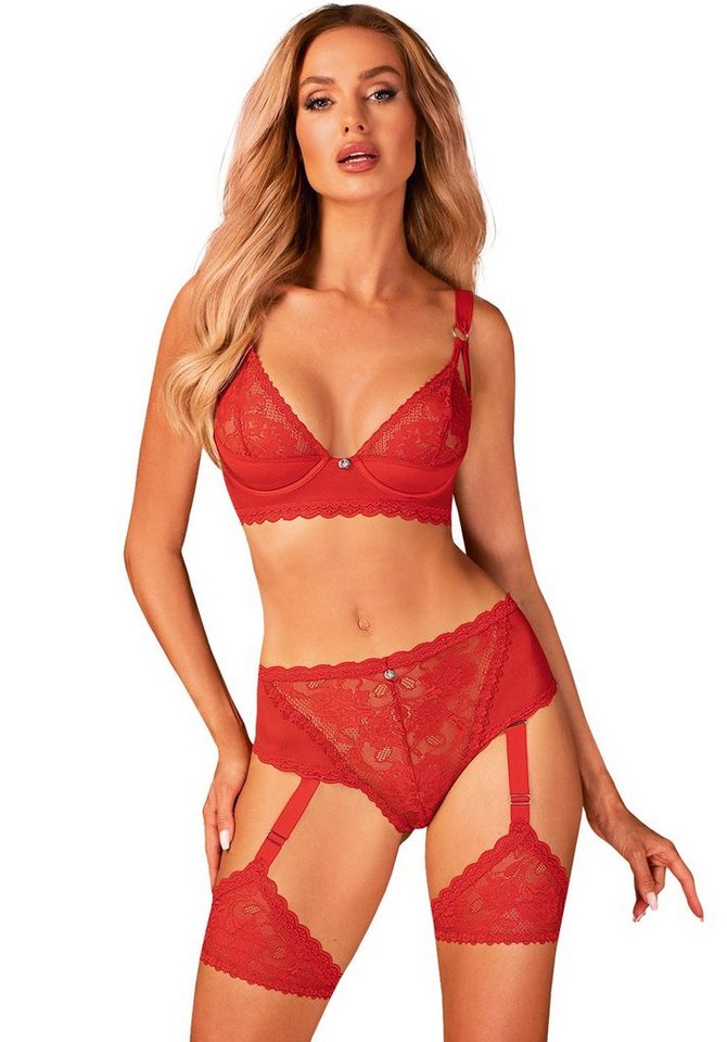 Obsessive Set: Bügel-BH Belovya Dessous-Set: BH und Slip mit Strumpfbändern aus Spitze - rot (2-tlg) aus transparenter Spitze von Obsessive