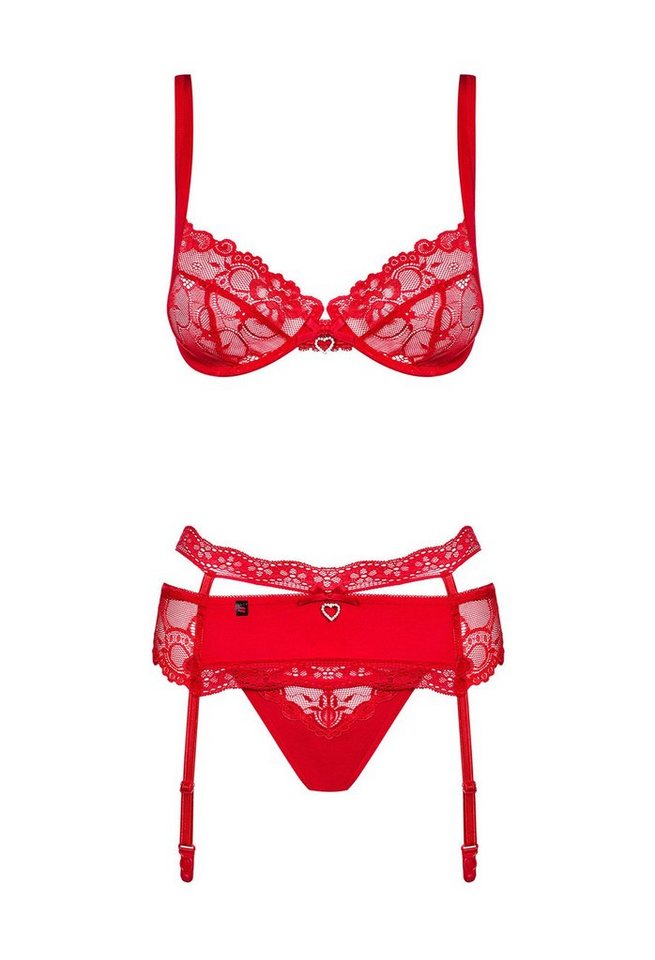 Obsessive Set: Bügel-BH Dessous-Set Heartina rot mit Spitze BH Strapsgürtel String transparent (Set) von Obsessive