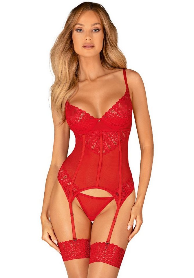Obsessive Set: Bügel-BH Ingridia Corsage und String mit Spitze - rot (2-tlg) aus transparentem Stoff von Obsessive