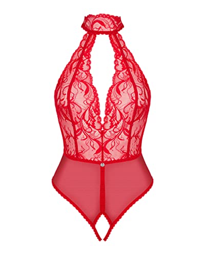 Obsessive - Spitzen Body I Mit Offenem Schritt I Dessous Für Frauen I Halsband Mit Bequemer Schleife I Tiefes Dekolleté I Unbedeckter Rücken I Weiches Material I Rot -XS-S von Obsessive