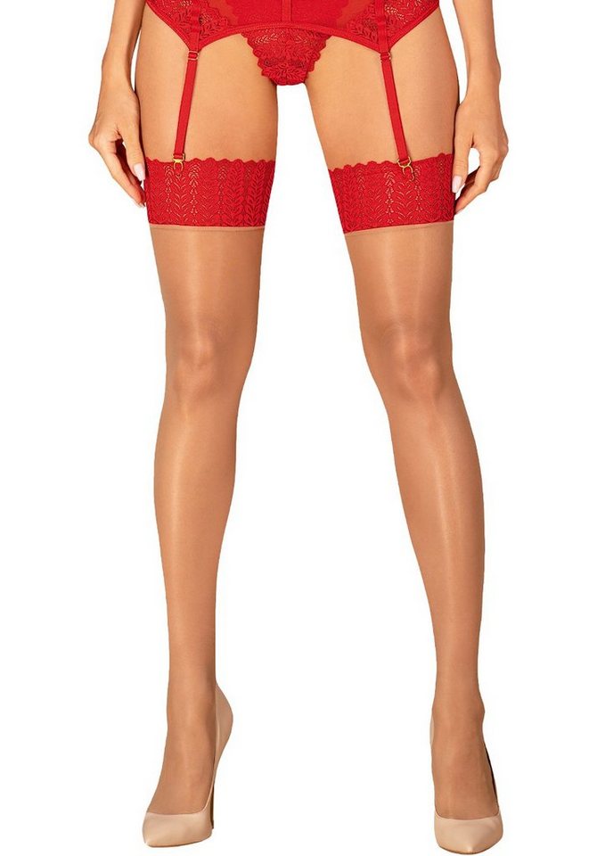 Obsessive Strapsstrümpfe Ingridia transparente Straps-Strümpfe mit Spitzen-Bund - beige, rot (1-Paar) transparenter und elastischer Stoff von Obsessive