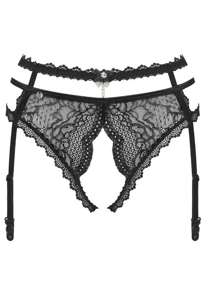 Obsessive Strumpfhalter Pearlove schrittloser Strumpfband-Gürtel und Perlendetails - schwarz, offener Schritt von Obsessive