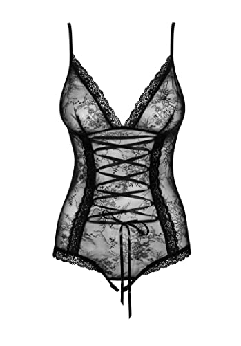 Obsessive schicker figurbetonender Ouvert-Body aus edler Spitze mit Satin-Schnürung, schwarz, Gr. S/M von Obsessive