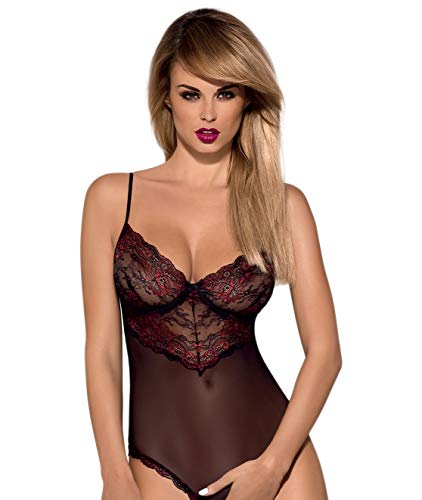 Obsessive verführerischer Ouvert Body mit zarten Verzierungen, in edler Geschenkbox (L/XL, Schwarz-Bordeaux) von Obsessive