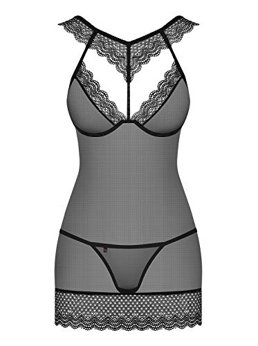 Obsessive verführerisches Damen Dessous-Set aus Negligee und passendem String, in hübscher Geschenkbox, Gr. L-XL, Schwarz-Spitzenkragen von Obsessive