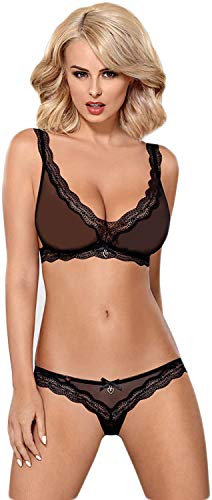 Obsessive traumhaftes Dessous-Set aus schickem BH und charmantem Slip in toller Geschenkbox (S/M, Schwarz-Mesch) von Obsessive