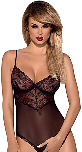 Obsessive zarter figurbetonender Ouvert-Body mit schicker Spitze und Satin-Schnürung in toller Geschenkbox (L/XL, Schwarz-Bordeaux) von Obsessive