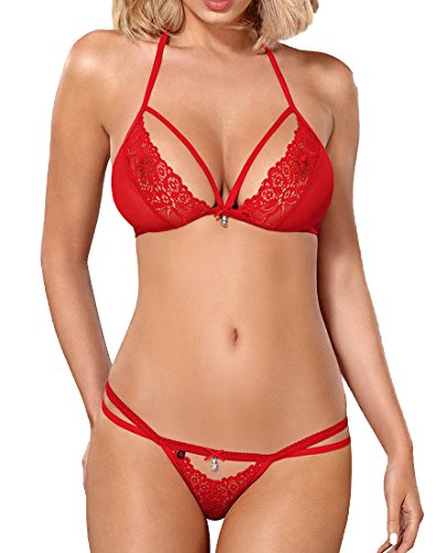 Obsessive. Damen Dessous Dessous Set String und Neckholder BH tiefer Ausschnitt rot aus Spitze transparent mit Bänder Größe: S/M von Obsessive