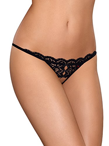 Obsessive. Damen Dessous Dessous String Tanga und ouvert eng schwarz aus Spitze transparent mit Muster Satinschleife Größe: S/M von Obsessive.