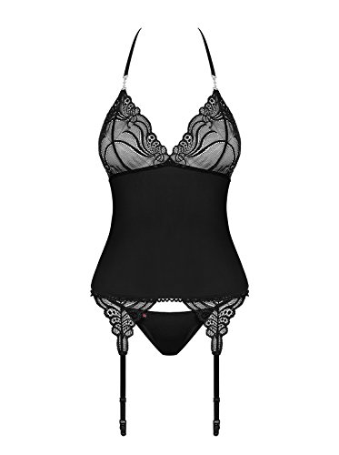 Obsessive. Damen Dessous Reizwäsche Set Strapshemd tiefer Ausschnitt schwarz aus Spitze transparent mit String Größe: L/XL von Obsessive.