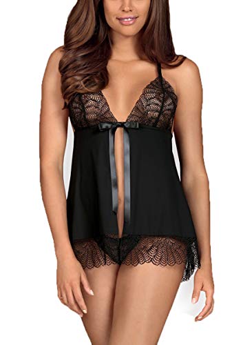 Obsessive. Frauen Dessous Babydoll Minikleid in Schwarz mit String aus Stretch und floraler Spitze transparent Schleife elastisch Größe: L/XL von Obsessive.