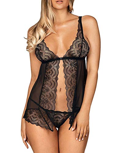 Obsessive. Frauen Dessous Babydoll Minikleid in schwarz mit Frontverschluss aus Stretch und floraler Spitze transparent erotisch elastisch Größe: L/XL von Obsessive.