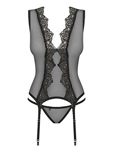 Obsessive. Frauen Dessous Set Netz Strapshemd Stretch Corsage mit Strumpfhalter und String in Schwarz mit Spitze, Rückenschnürung elastisch Größe: S/M von Obsessive.