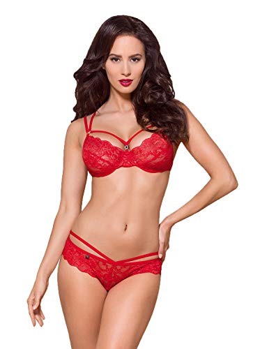 Obsessive. Frauen Dessous Set rot aus Bügel BH und String mit Riemchen, Spitze und Rosen-Muster elastisch Größe: L/XL von Obsessive.