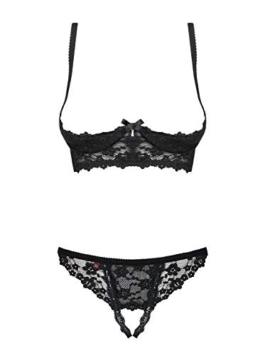 Obsessive. Frauen Dessous Spitzen Reizwäsche Set aus Unterbrust BH mit gepolsterten Cups und ouvert String in Schwarz teiltransparent Schleifen Schwarz teiltransparent Größe: L/XL von Obsessive