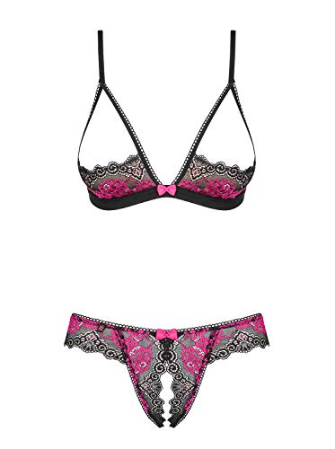 Obsessive. Frauen Dessous Spitzen Reizwäsche Set aus ouvert BH mit gepolsterten Cups und ouvert Panty in Schwarz pink Schleifen Schwarz pink teiltransparent Größe: S/M von Obsessive.