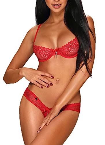 Obsessive. Frauen Dessous Spitzen Set aus BH mit Bügel-Cups und String mit ouvert offen rot elastisch Größe: XXL von Obsessive.