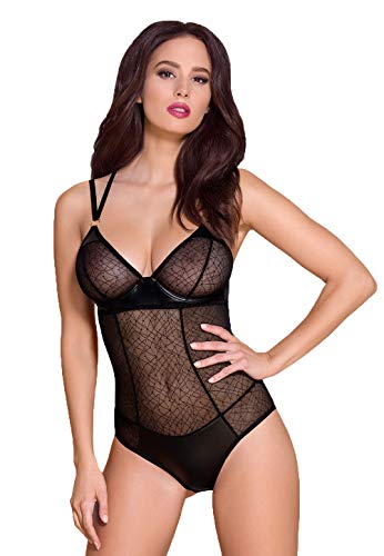 Obsessive. Frauen Dessous Wetlook Teddy schwarz transparent Damen Body elastisch Gemustert Mesh-Material und Bügel Cups Größe: S/M von Obsessive