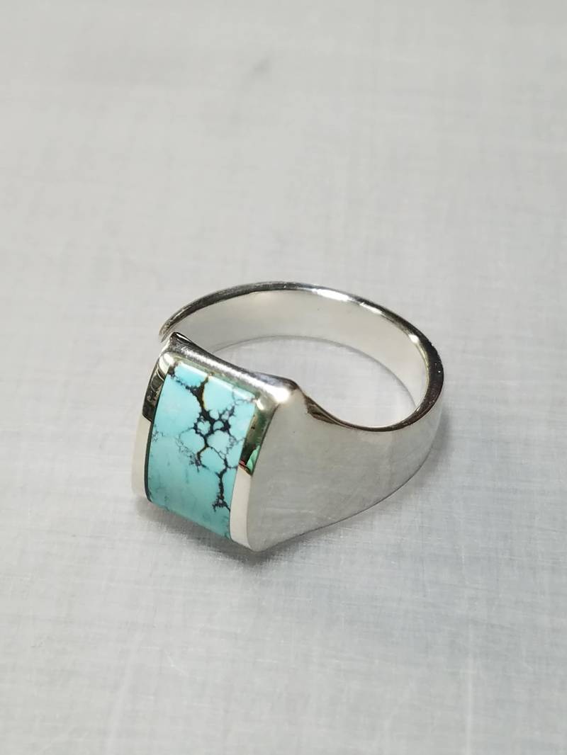 Sterling Silber Ring Mit Hubei Türkis Eingelegt Schmuck Für Frauen Männer Südwestlichen Stil Größe 9 von ObsidianEdgeStudio