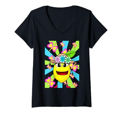 Damen Retro Obst Zitrone Zitronen Mädchen Sommerzeit Kinder Kind T-Shirt mit V-Ausschnitt von Obst Früchte Frucht
