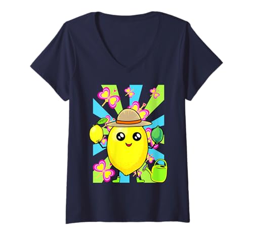 Damen Retro Sommerzeit Garten Zitrone Gärtner Zirtone 80er Teenie T-Shirt mit V-Ausschnitt von Obst Früchte Frucht