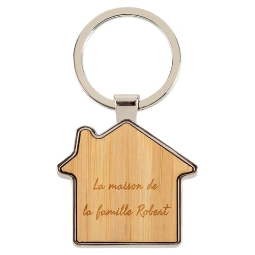 Ocadeau Schlüsselanhänger aus Holz Haus personalisiert graviert - Schlüsselanhänger aus Bambusholz und versilbertem Metall von Ocadeau