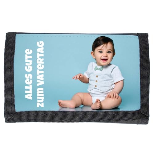 Ocadeau Schwarze Textil-Geldbörse mit eigenem Foto personalisierbar - Mit Fotodruck gestaltbarer Geldbeutel mit Klettverschluss - Weiches Stoff-Portemonnaie zum Selbstgestalten von Ocadeau
