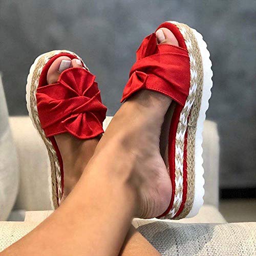 OcaseQ Schlappen Damen Espadrille Sandalen Flache Elegant Sommer Schleife Wildleder Sandaletten Peep Toe Platform Strand Hausschuhe,Rot,40 von OcaseQ