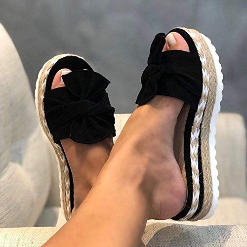 OcaseQ Schlappen Damen Espadrille Sandalen Flache Elegant Sommer Schleife Wildleder Sandaletten Peep Toe Platform Strand Hausschuhe,Schwarz,41 von OcaseQ