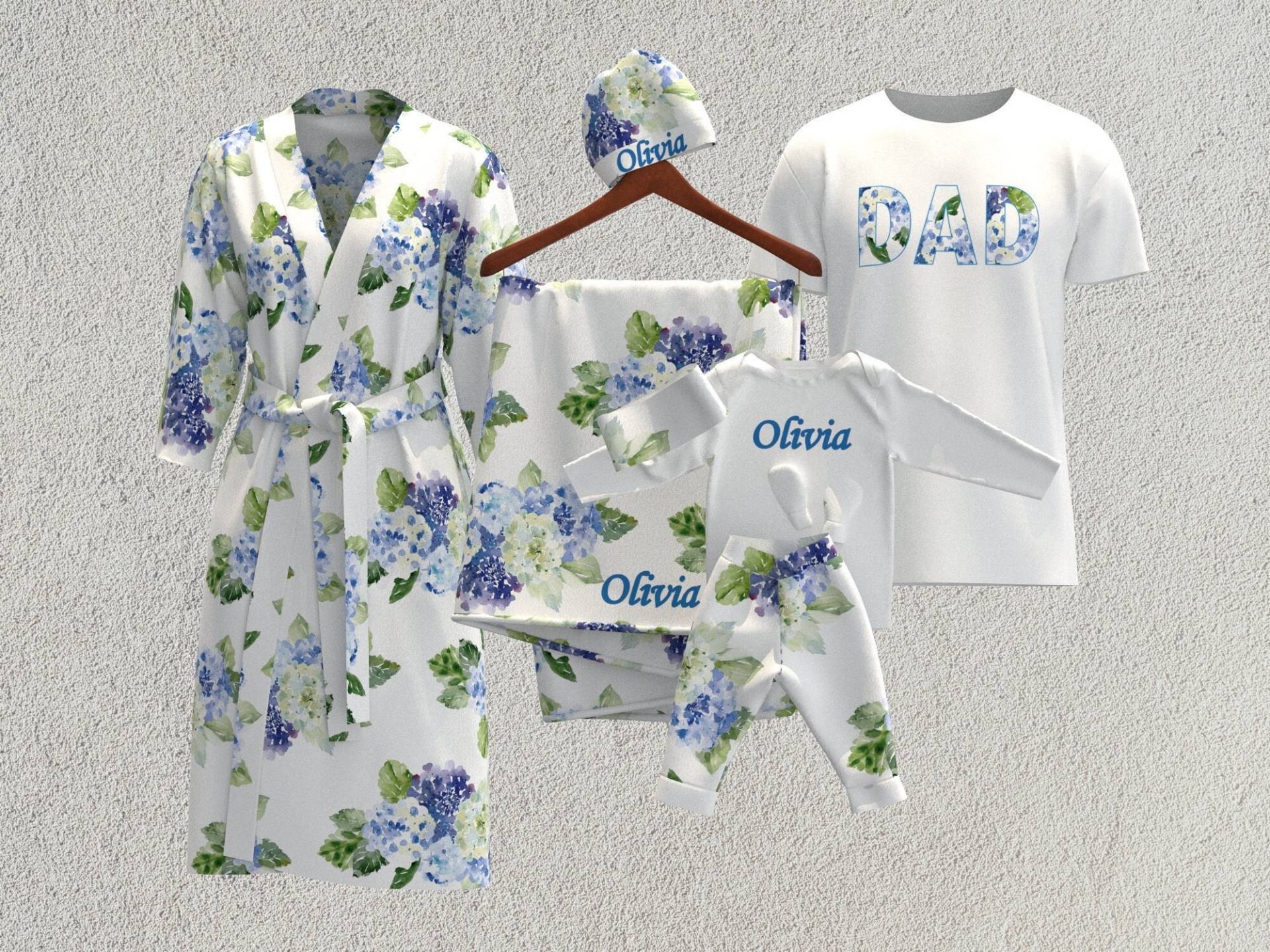 Blaue Blumen Passende Coming Home Set, Swaddle Krankenhaus Mutterschaft Robe, Mädchen Geschenk, Neue Mutter Dusche Geschenk von OccaModa