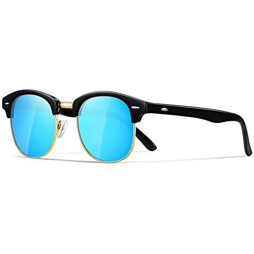 Occhsouo Polarisierte-Halbrahmen-Sonnenbrille-Unisex-Sonnenbrille-Herren-Damen Klassische Retro UV400 Schutz Rechteckig Sonnen brille Metallrahmen Autofahren Reisen(Schwarz/Blau) von Occhsouo