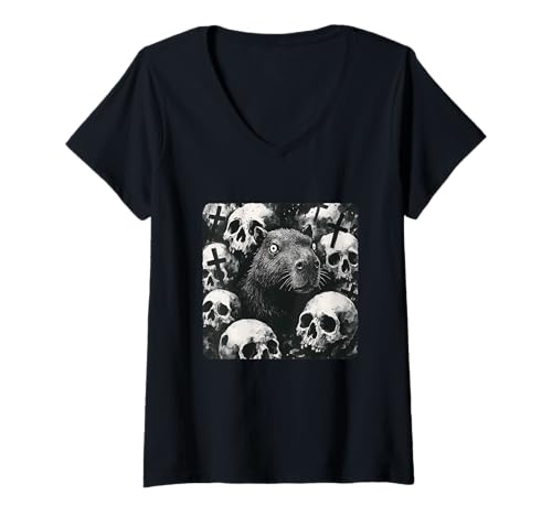 Damen Capybara will ein satanisches Halloween mit gotischem Horror T-Shirt mit V-Ausschnitt von Occult Goth Creepy Ritualistic Demonic Ritual Grim
