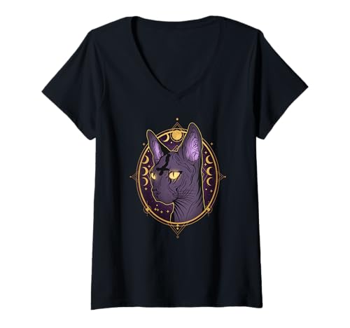 Damen Celestial Sphynx Katzenkunst Mondphasen Hexe Goth T-Shirt mit V-Ausschnitt Damen Celestial Sphynx Katzenkunst Mondphasen Hexe Goth T-Shirt mit V-Ausschnitt von Occult Sphinx Creations
