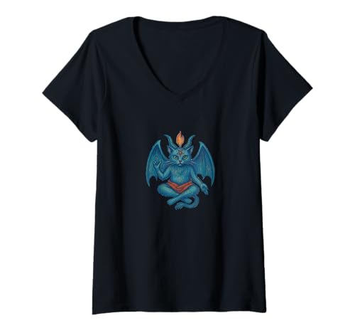 Damen Kitty Cat Baphomet Okkulter Humor niedliches Dunkles magisches Design T-Shirt mit V-Ausschnitt Damen Kitty Cat Baphomet Okkulter Humor niedliches Dunkles magisches Design T-Shirt mit V-Ausschnitt von Occult Whiskers Emporiums