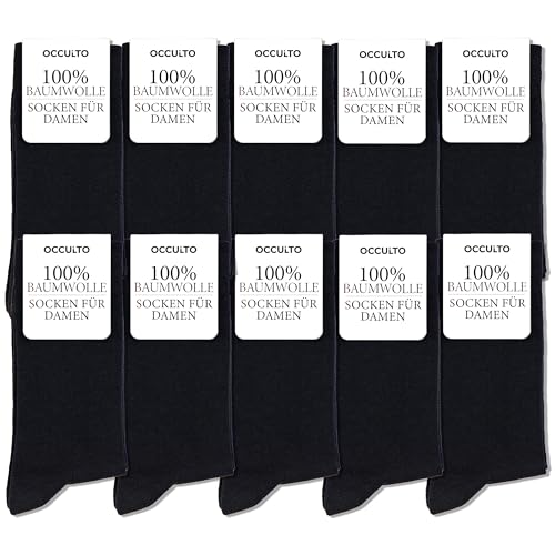 Occulto Damen 100% Baumwolle Socken 10er Pack (Modell: Inge) 10 Paar | Schwarz 35-38 von Occulto