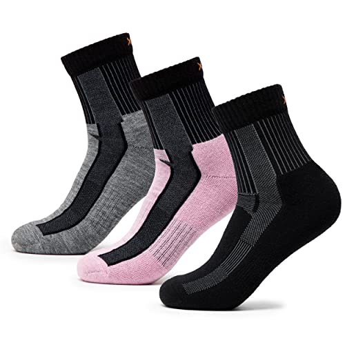 Occulto Damen Kurze Merino Wandersocken 3er Pack (Modell: Makalu) 3 Paar | Pink-Schwarz-Grau 39-42 von Occulto