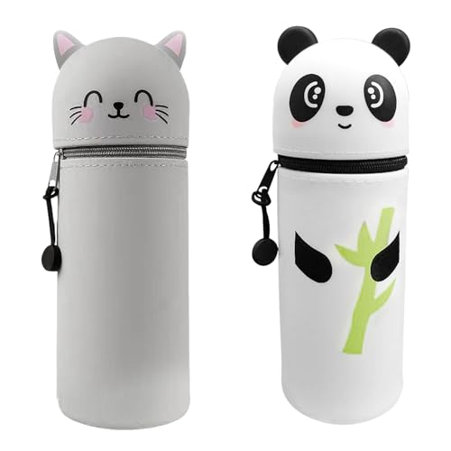 2-in-1 Weiche Silikontasche, 2 Stück Kawaii Federmäppchen, Tier-Bleistifthalter,Tischstifthalter, Stand Up Federmäppchen, Niedlicher Federtasche für Jungen und Mädchen (Panda Bambus + Katze Grau) von Occupaternm