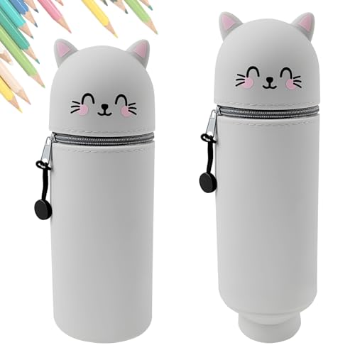 Occupaternm Weiche Silikontasche, 2-in-1 Federmäppchen,Tier-Bleistifthalter,Tischstifthalter, Stand Up Federmäppchen, Niedlicher Federtasche für Jungen und Mädchen (1 Stück-Katze) von Occupaternm