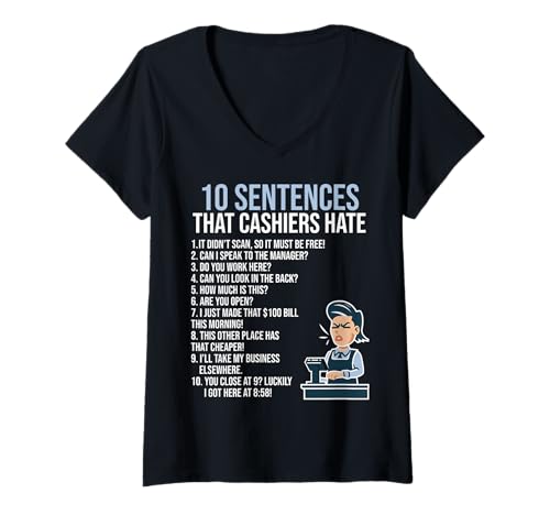 Damen Lustige Kassiererin Job Arbeit Zitate Sprüche Einzelhandel Arbeiter Kassierer T-Shirt mit V-Ausschnitt Damen Lustige Kassiererin Job Arbeit Zitate Sprüche Einzelhandel Arbeiter Kassierer T-Shirt mit V-Ausschnitt von Occupation Funny Saying Quotes Sarcasm Sarcastic