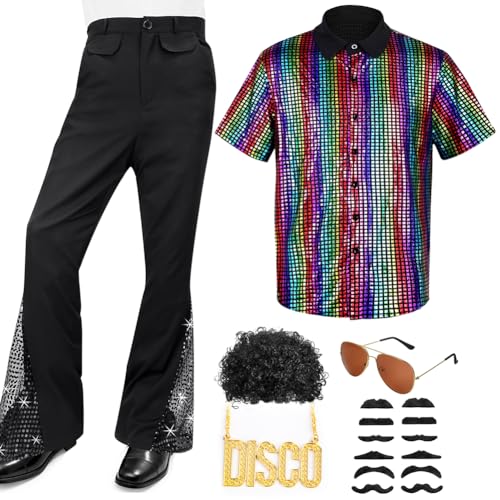 Herren 70er Retro Kostüm 17 Stück Disco Herren Kostüm Set, Herren Hippie 70er Jahre Kurzärmelige Hemd und Schlaghose mit Perücke Sonnenbrille Schnurrbart DISCO zeichen Kettenring Disco-Zubehör (L) von Occzin