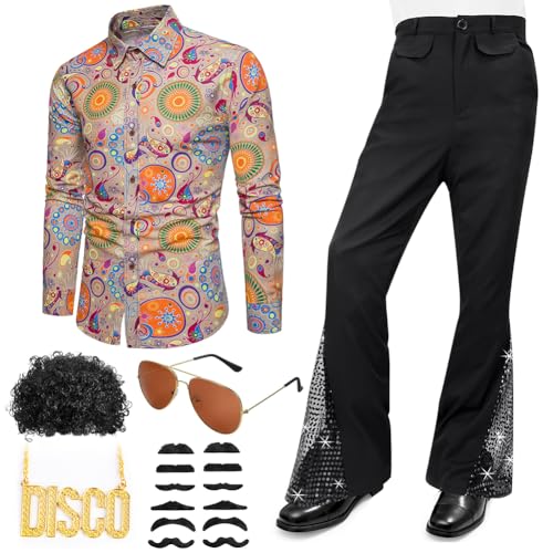 Occzin Herren 70er Retro Kostüm 17 Stück Disco Herren Kostüm Set, Herren Hippie 70er Jahre Hemd und Schlaghose mit Perücke Sonnenbrille Schnurrbart DISCO zeichen Kettenring Disco-Zubehör für Party(XL) von Occzin