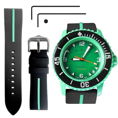 Ocdin 22 mm Uhrenarmband, Ersatz für Blancpain X Swatch mit Sechskantschlüssel, Schnellverschluss, Silikon-Uhrenarmband, kompatibel mit biokeramischem Scuba Fifty Fathoms (22 mm, Schwarz-Grün) von Ocdin